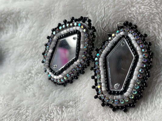 Beaded Coffin Mirror Earrings